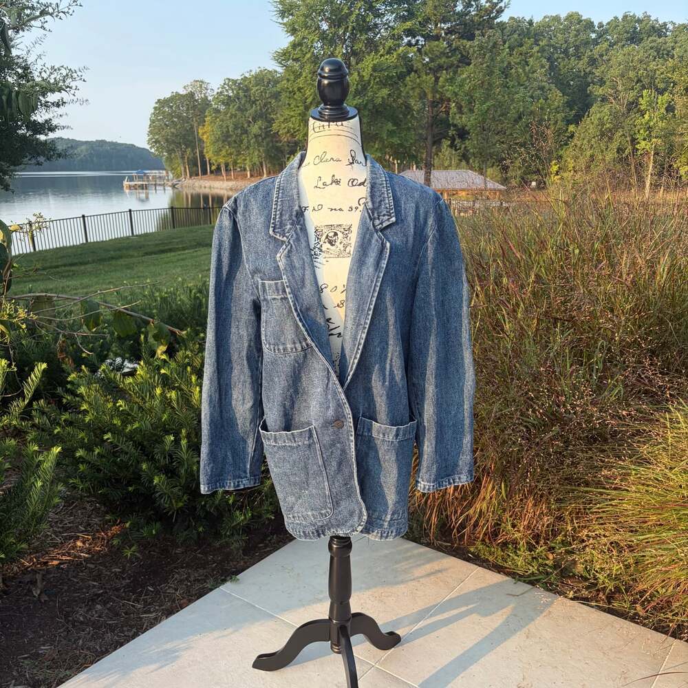 Vintage 90s Eddie Bauer Denim Chore Blazer M Oversized Workwear Jean Jacket